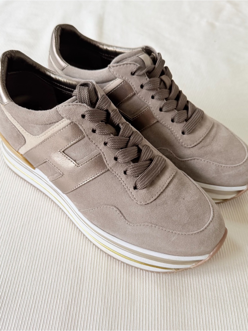 Hogan Womens Platform Sneakers Brown Italy Suede Metallic Used Shoe Size 38 US 8